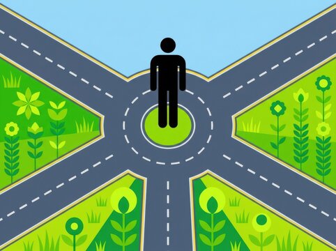Silhouette figure stands at a crossroads with four diverging paths and green grassy surroundings representing choice