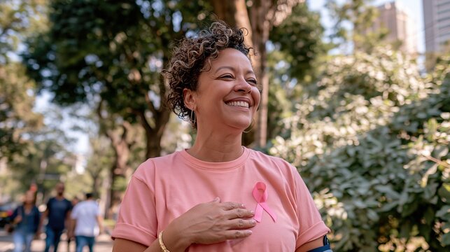 Smiling woman in pink shirt with awareness ribbon, looking thoughtful and grateful in a soft sunlit park for health and hope campaigns