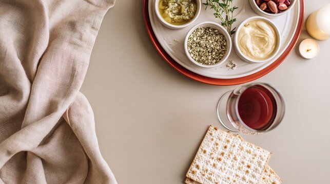 Passover seder plate with matzah and red wine on a red surface with beige linen and copy space for holiday greeting and religious celebration design