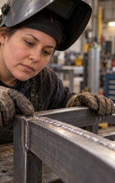 Welder examines a welded steel frame in workshop. Welding and metal fabrication. Skilled trades and industrial craftsmanship. Manufacturing quality inspection. Metalworking industry.
