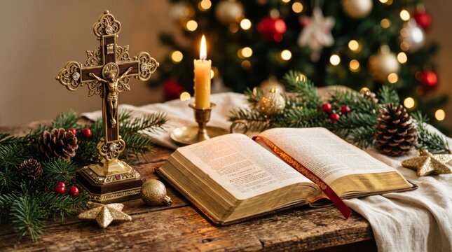 Ornate crucifix beside open Bible and candle among Christmas greenery. Catholic Christian Christmas still life. Worship, faith and religious holiday. Seasonal devotional arrangement.