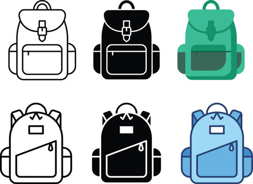 School Backpack Rucksack with Zipper Pockets Vector Silhouette Outline and Color Icon Set for Student Bag Travel Hiking Camping Education and Back to School Concepts