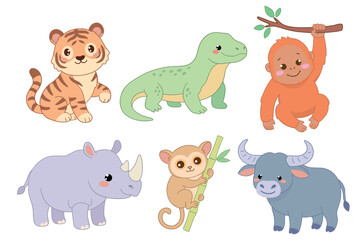 Fototapeta premium Cute set of Indonesian animals including tiger, monitor lizard, orangutan, rhino, tarsier and buffalo