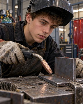 Welder positioning a welding torch at a steel joint in workshop. Metal fabrication and industrial welding. Skilled trades and vocational training. Manufacturing, metalwork and equipment