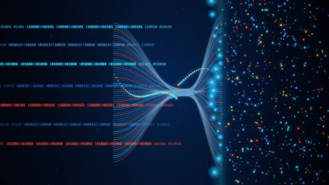 Abstract digital data flow with glowing binary codes and dynamic particles moving across dark cyberspace video background