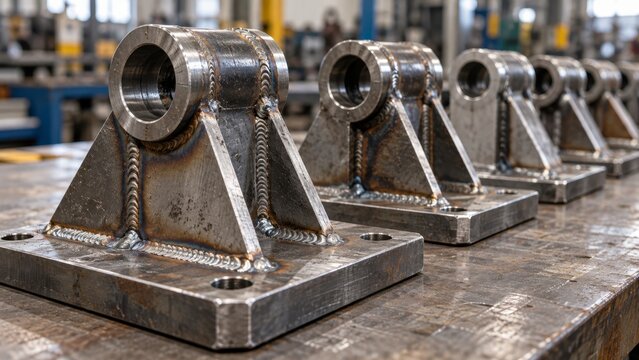 Welded steel brackets with circular joints lined up on a fabrication table. Industrial welding and metalworking. Heavy component manufacturing. Structural engineering and fabrication.