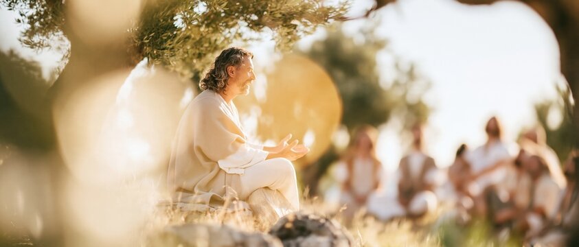 Jesus preaching the sermon on the mount to his disciples among olive trees, featuring warm light and copy space for church banners