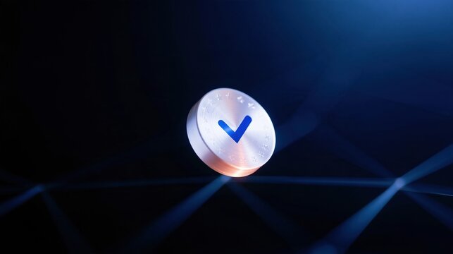 Check mark badge with stars on a glowing network, featuring metallic and glass textures in a dark void for approval and quality certification