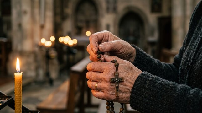 Hands praying with a rosary before a candle in a Catholic church. Christian devotion to Jesus Christ. Catholic prayer, faith and worship. Religious ritual and spiritual reflection.