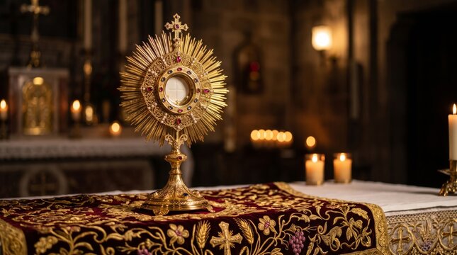 Catholic monstrance displaying the Eucharist on an altar in a church. Eucharistic adoration and Holy Communion. Catholic worship, sacrament and Christian faith. Corpus Christi devotion.