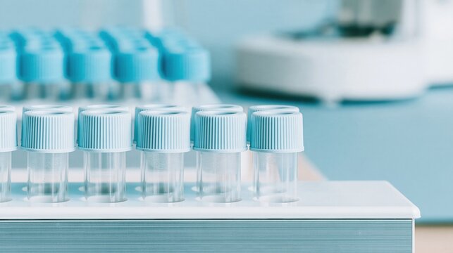 Test tubes with blue caps in a laboratory rack, featuring clear glass and a cool sterile atmosphere for genetic research and dna analysis
