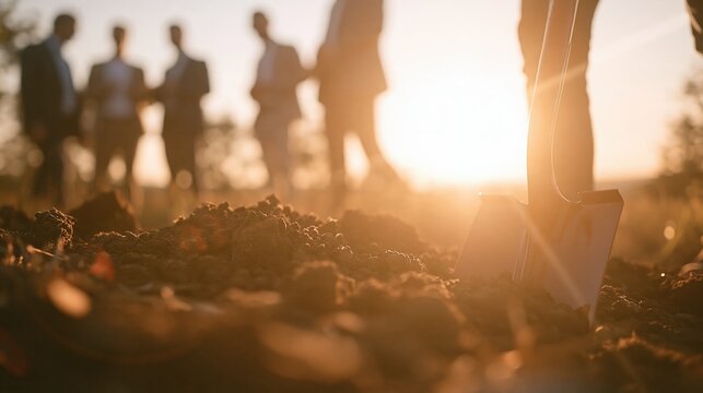 Shovel digging into crumbly brown soil at a groundbreaking ceremony, with people in suits standing behind for development and investment news