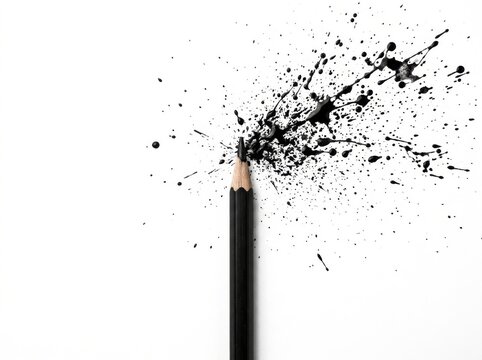 Black pencil exploding ink splashes on white background with copy space