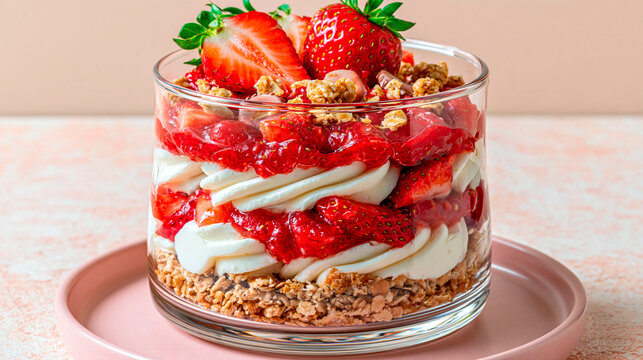 Layered strawberry dessert with fresh berries, creamy yogurt and crunchy granola served in a glass, colorful sweet breakfast or healthy snack