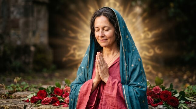 Mary praying with hands clasped among roses in a garden. Virgin Mary in a Christian devotional scene. Catholic faith and religious worship. Prayer, reverence and spiritual devotion.