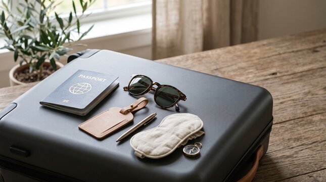 Travel essentials laid out on a suitcase including passport sunglasses pen luggage tag eye mask and compass