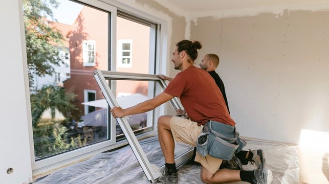 Window installers replacing a large sliding frame in a dusty renovation room, featuring a matte finish and warm light for home improvement services