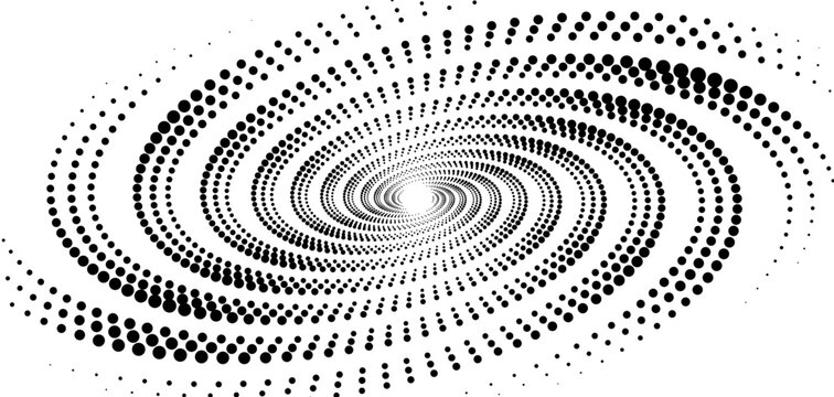 Dotted spiral particle trail vector. Black halftone dots swirling into galaxy vortex, abstract whirlpool twist in perspective, hypnotic circular motion pattern isolated on white background