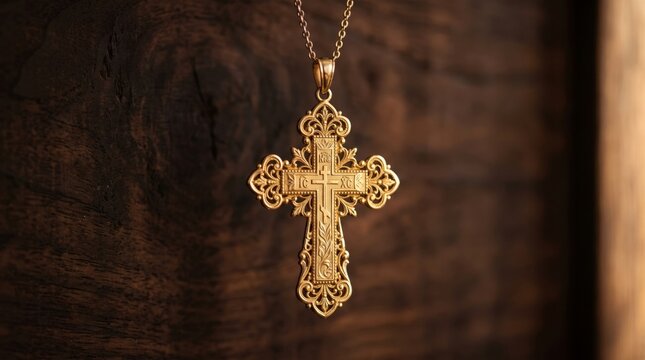Ornate gold Christian cross pendant on dark wood. Jesus Christ and Catholic faith symbol. Religious jewelry and devotional accessory. Christianity, worship and personal belief.