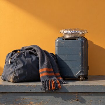 Blue nylon duffel bag and weathered suitcase with a homemade pie, set on a rustic porch step for thanksgiving travel and coming home