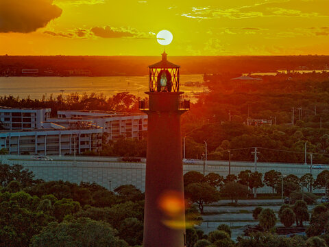 aerial view of Jupiter Lighthouse and setting sun