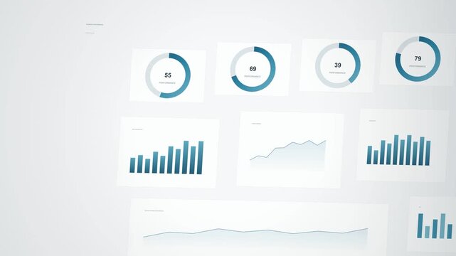 Financial charts and data analytics dashboards moving across a clean digital screen background in dynamic motion clip