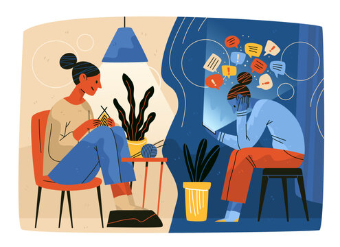 Screen time versus craft time analog hobbies creative hobby concept showing woman knitting peacefully and stressed woman on digital device split scene