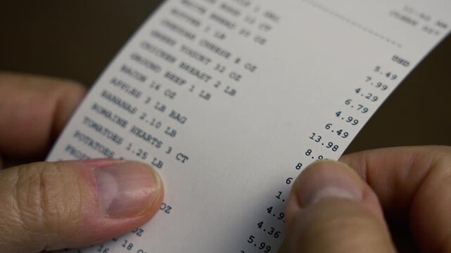 Close-up of a shopper reviewing a grocery receipt, illustrating rising food prices, household budgeting, inflation and the increasing cost of living. 15439  