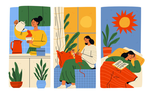 Slow sunday analog hobbies creative hobby cozy home activities woman making tea knitting reading relaxing plants sunlight indoor leisure colorful