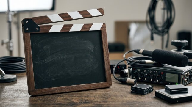 Wooden film slate board with audio recording equipment on a table. Filmmaking and media production concept