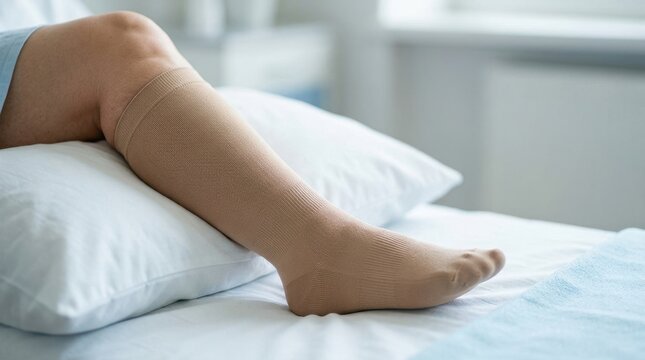 Medical compression stocking on a swollen leg of a patient in bed. Health and vein care concept