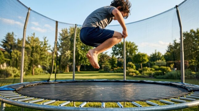 Young boy jumping high on a garden trampoline. Child having fun and exercising outdoors