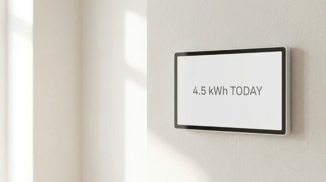 Digital display showing energy usage in kilowatt hours on a white wall. Smart home technology concept