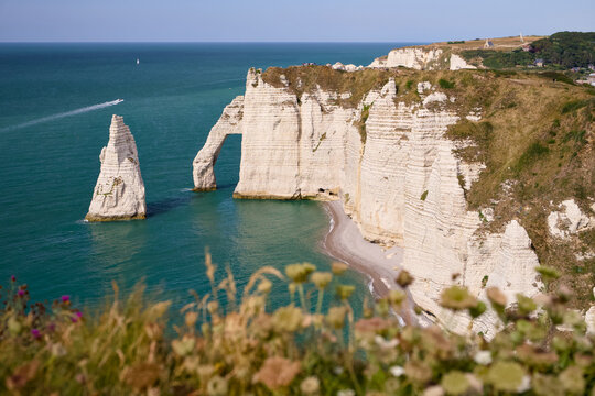 Etretat sea arch and white chalk cliffs viewed from coastal meadow