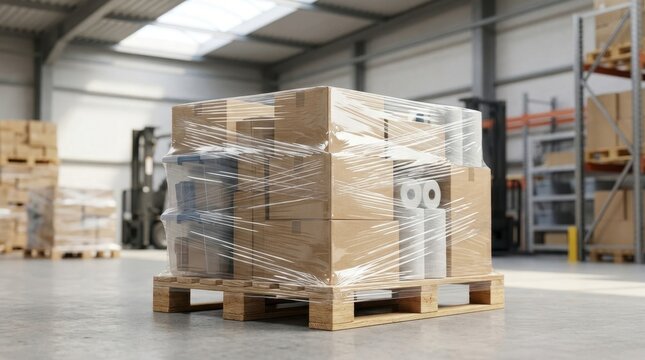 Wooden pallet with cardboard boxes wrapped in stretch film inside a modern industrial warehouse