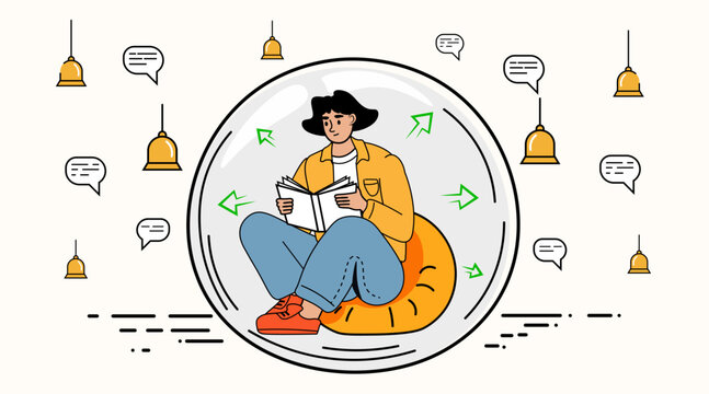 Woman escaping digital fatigue concept reading book surrounded by notifications sitting in bubble protective space modern flat design