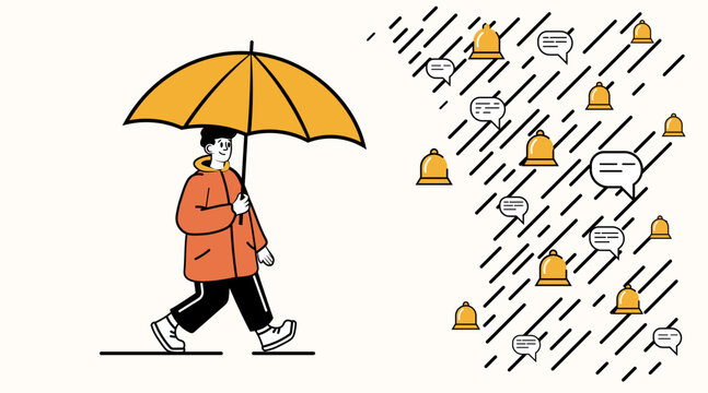 Person with umbrella digital fatigue concept escaping notification overload rain of alerts and messages minimal flat style web banner