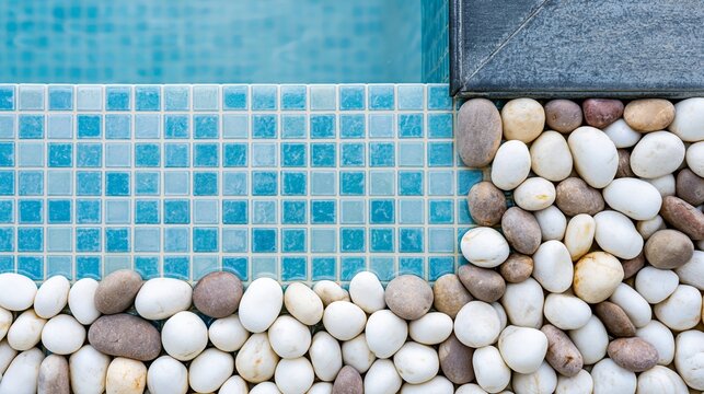 Swimming pool edge with vibrant blue mosaic tiles and a border of smooth river stones, creating a tranquil decorative pattern
