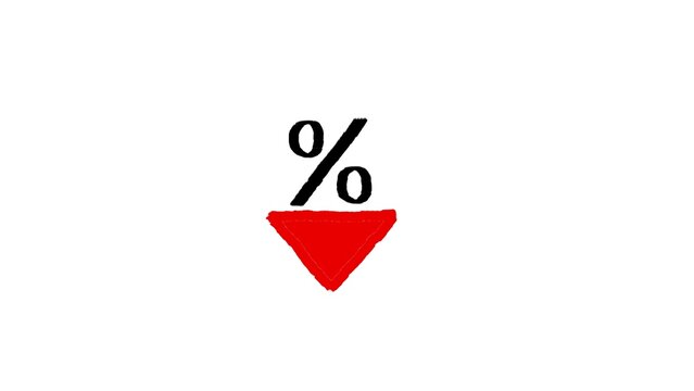 Percentage sign with red down arrow icon isolated on white background representing percentage reduction, rate drop, financial decline, interest decrease, and discount offer.