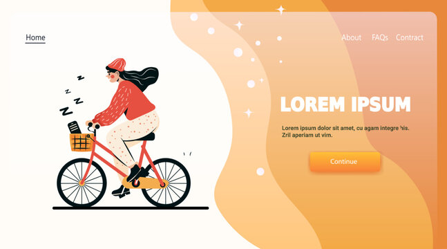 Woman riding bicycle digital fatigue concept tired female with phone in basket abstract background website landing page template