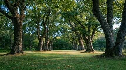 Fototapeta premium Forest pathway with a lush green canopy of twisted trees and a golden grassy walk, creating a tranquil atmosphere for nature and ecology themes