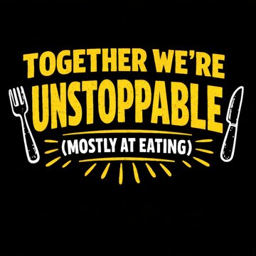 Together We're Unstoppable Mostly At Eating Funny Kitchen T-Shirt Graphic Tee With Fork Knife Icon Design For Food Lovers Humorous Apparel Black Background Print