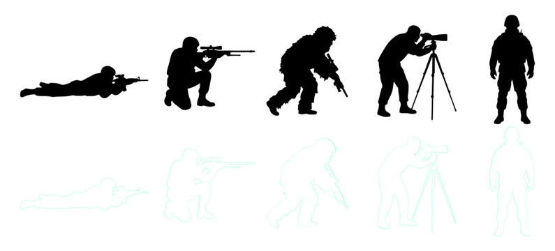 Military sniper and observer silhouettes set with soldiers in action poses for logo or print