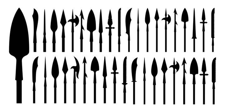 Medieval weapon silhouettes set with spears, halberds, and swords for historical design