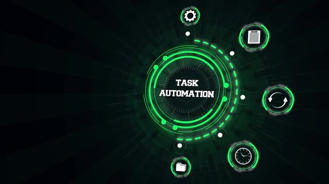 Task automation technology panel illustrating corporate operational speed and execution icons