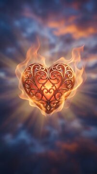 Ornate heart surrounded by flames against a cloudy backdrop. Sacred Heart of Jesus devotional symbol. Catholic faith and Christian love. Spirituality and religious devotion.