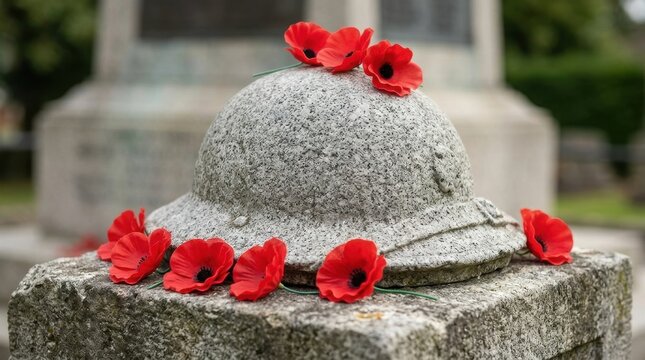 Stone brodie helmet sculpture with red remembrance poppies