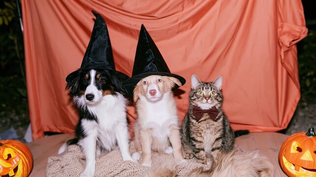 Puppies and a kitten wearing witch hats, cozy pets sitting on a knit blanket with pumpkins for festive Halloween promos
