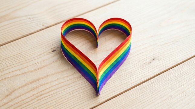 Rainbow ribbon shaped as a heart on a wooden background