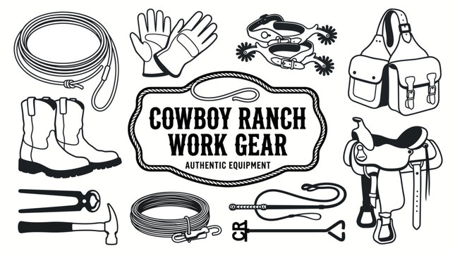 Very beautiful black and white realistic vector collection featuring lasso rope, leather gloves, spurs, work boots, saddle bags, centered label "COWBOY RANCH WORK GEAR", fence tools and practical catt